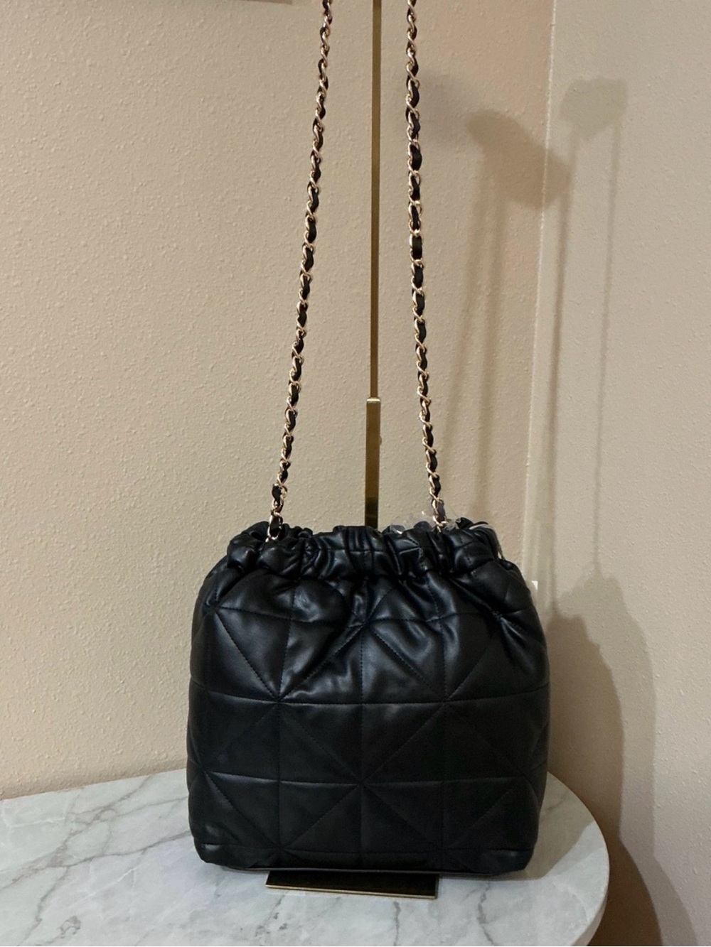 A New Day Black Quilted Drawstring Crossbody with Chain Strap